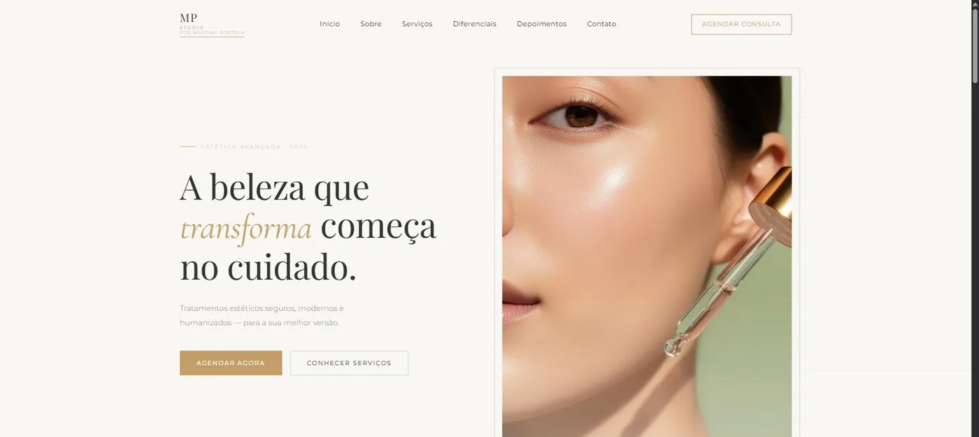 Hero do site da MP Stúdio Clínica Estética, com foto de tratamento facial e headline 'A beleza que transforma'