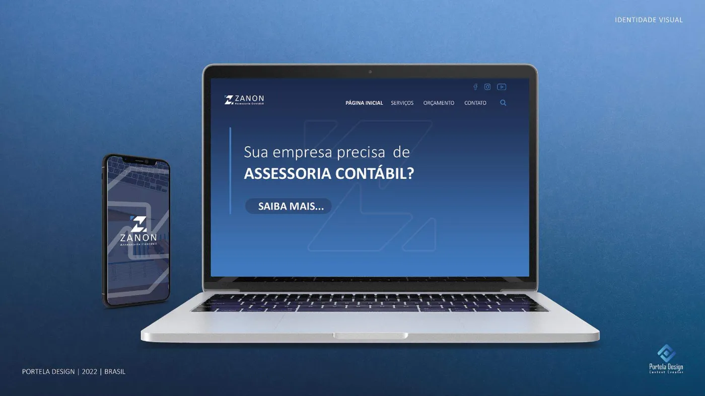 Site institucional da Zanon Assessoria Contábil em mockup de notebook e celular, fundo azul