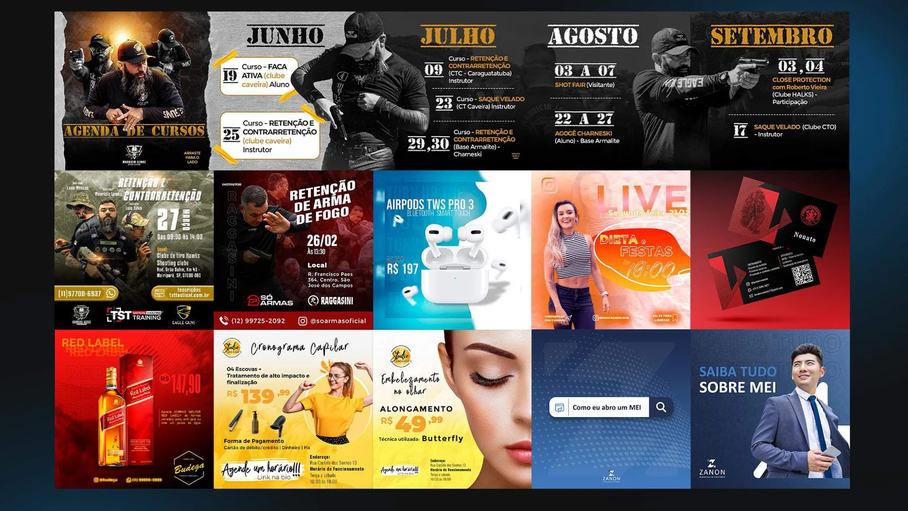 Grade com diversas artes reais de redes sociais produzidas pela Portela Design: agenda de cursos, posts promocionais, cartões de visita e anúncios de produtos